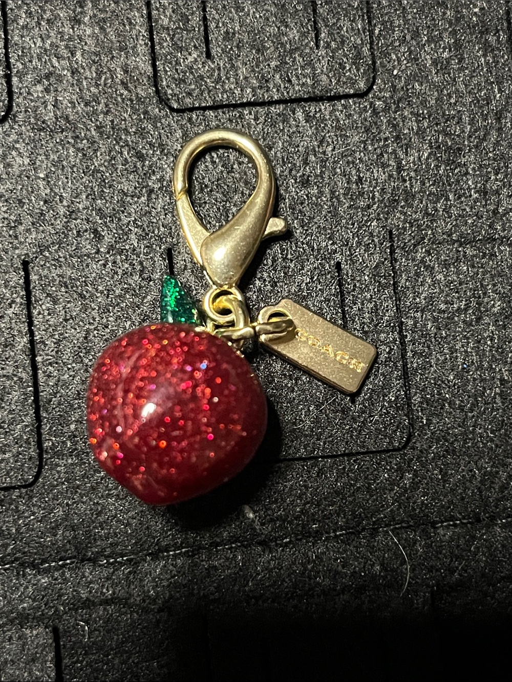 Coach Red Glitter Apple Charm with Green Leaf & Gold Hardware Key Clip